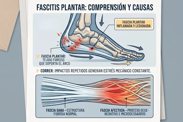 Ilustración anatómica: pie con fascitis plantar inflamada frente a tejido sano. Muestra el efecto degenerativo y microdesgarros por estrés mecánico al correr.