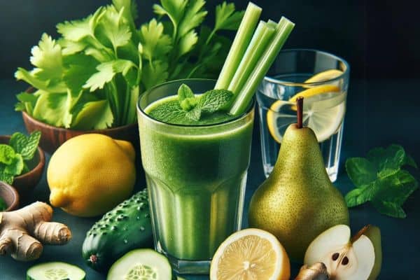 Smoothie de apio para desintoxicar el cuerpo con pera, limon y jengibre