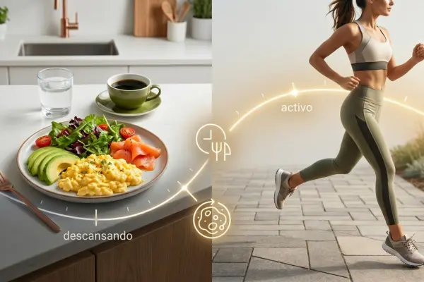 Infografía conceptual de la sinergia metabólica del ayuno intermitente que muestra un plato saludable en la fase de descanso y a una mujer corriendo en la fase activa.