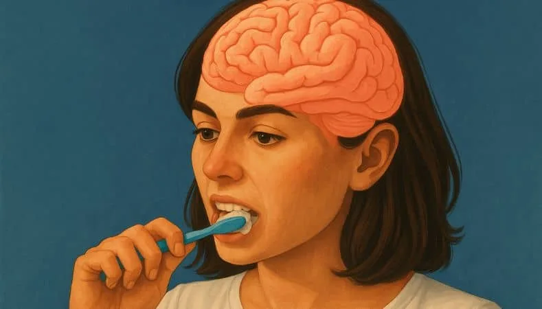 Ilustración de mujer cepillándose los dientes con cerebro visible, simbolizando la prevención de Alzheimer con higiene bucal.