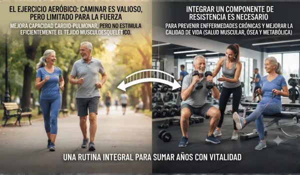 "Comparativa visual entre caminar y ejercicios de fuerza para mejorar la salud muscular, ósea y metabólica en personas mayores, enfocada en la longevidad y vitalidad."