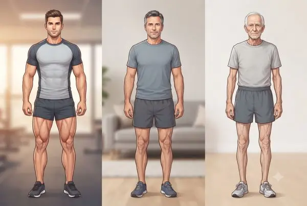 Representación visual de la pérdida de masa muscular y cambios en la composición corporal (sarcopenia) a medida que avanzamos en edad.